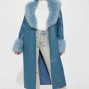 Women's Blue Faux Fur Trim Coat